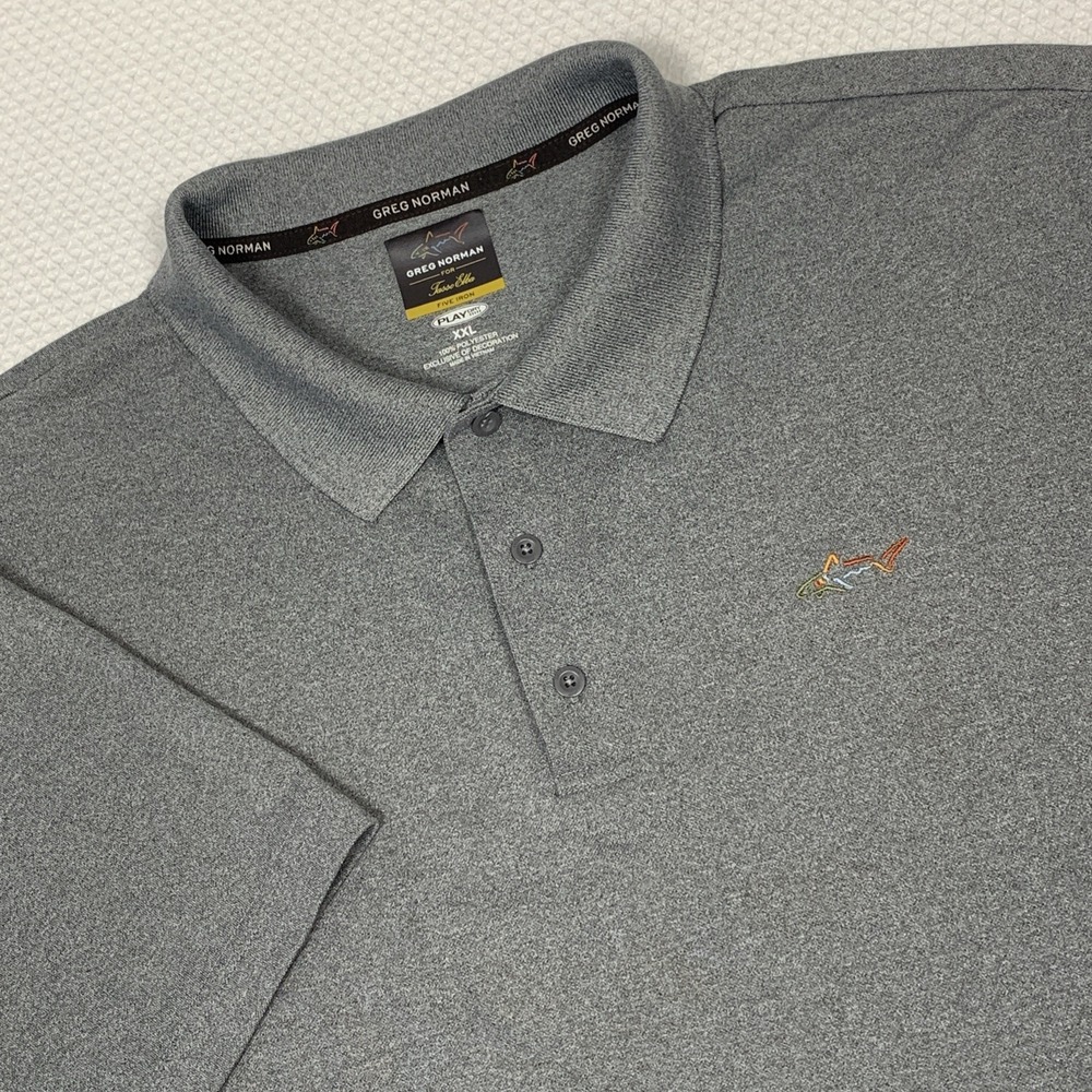 Greg Norman Tasso Elba Polo Shirt Mens XXL Gray Play Dry Shark Logo Golf
